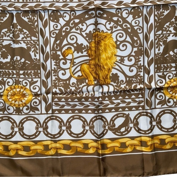 CELINE Silk scarf with Gold link chain border and Lion print